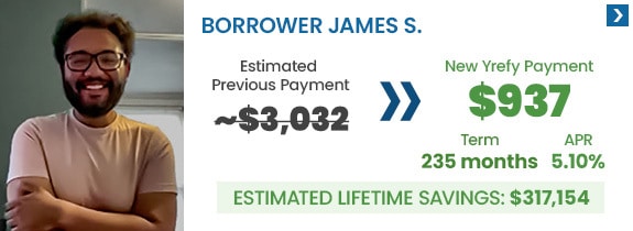 Borrower James S. went from an estimated monthly payment of $3,032 to $937 with a new 5.10% APR interest rate and his estimated lifetime loan savings is $317,154 by refinancing with Yrefy.